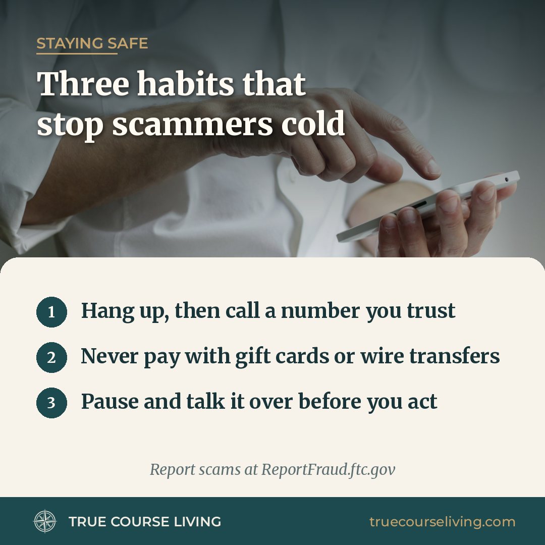 Tip card: Three Habits That Stop Scammers Cold
