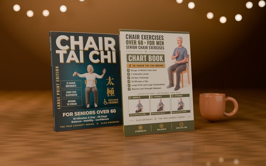 The two True Course books, Chair Tai Chi for Seniors Over 60 and Chair Exercises Over 60 for Men, standing on a wooden table in warm light.