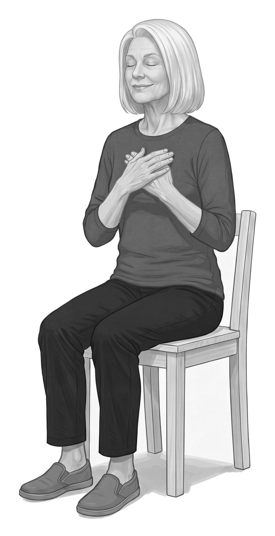 A woman in her sixties seated in a chair with both hands resting over her heart.